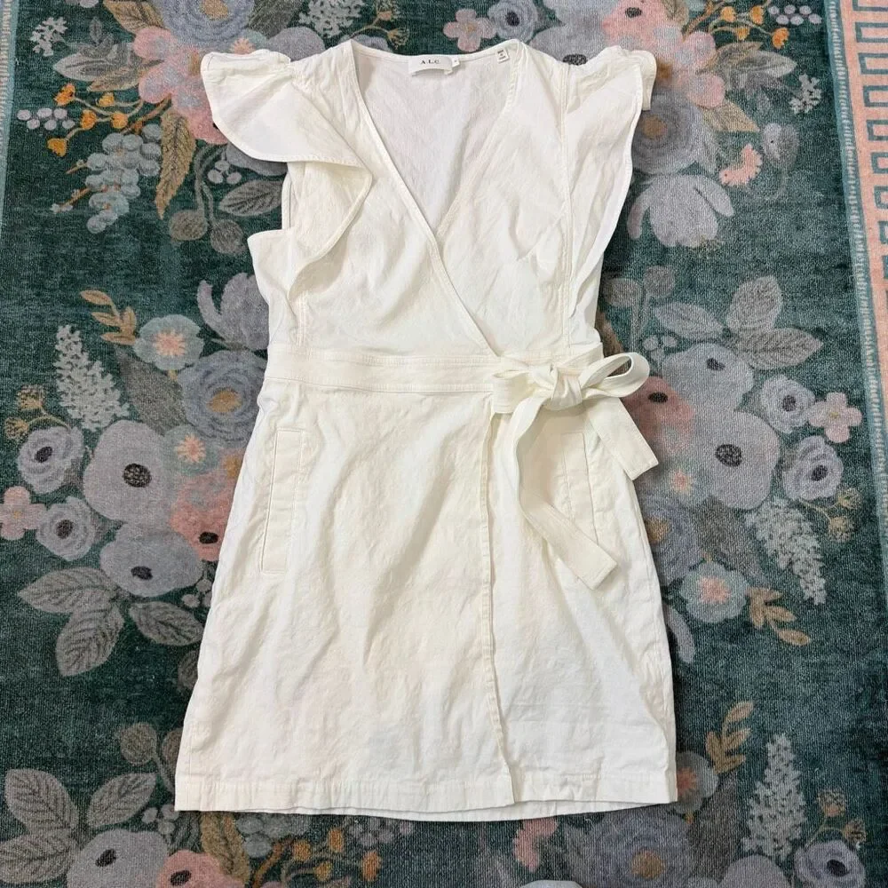 A.L.C. Sidelle white ruffle sleeve wrap dress 10 linen stretch V-neck mini Short - Picture 11 of 16